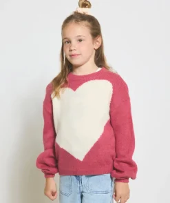 Pull fille rose avec cœur blanc