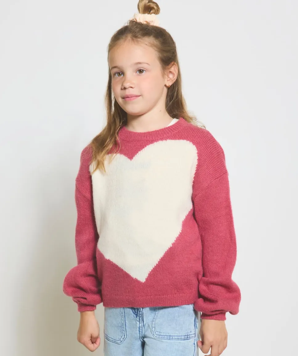 Pull fille rose avec cœur blanc