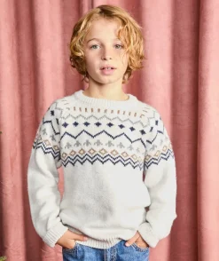 Pull garçon jacquard écru en coton