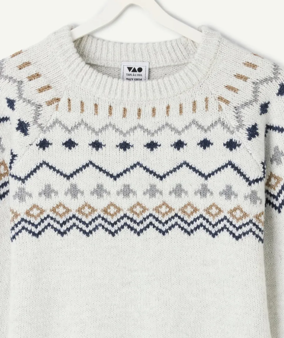 Pull garçon jacquard écru en coton