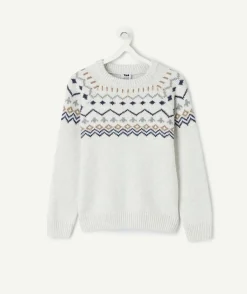 Pull garçon jacquard écru en coton
