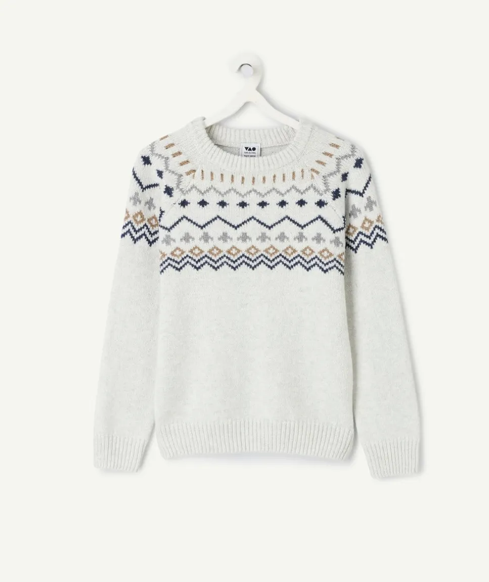 Pull garçon jacquard écru en coton