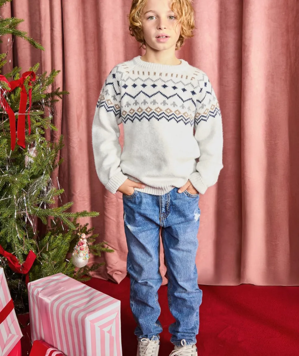 Pull garçon jacquard écru en coton