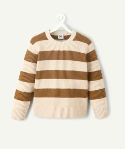 Pull garçon rayé beige et marron