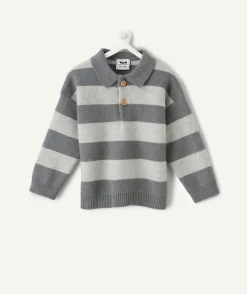 Pull garçon rayé à col polo gris