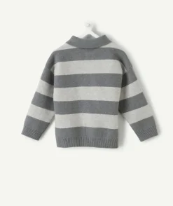 Pull garçon rayé à col polo gris