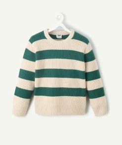 Pull garçon rayé vert et écru