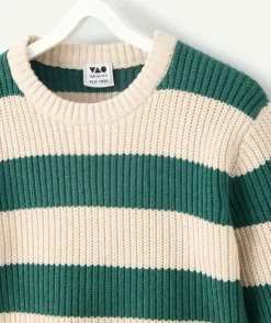 Pull garçon rayé vert et écru