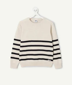 Pull manches longues garçon marinière écru et bleu marine