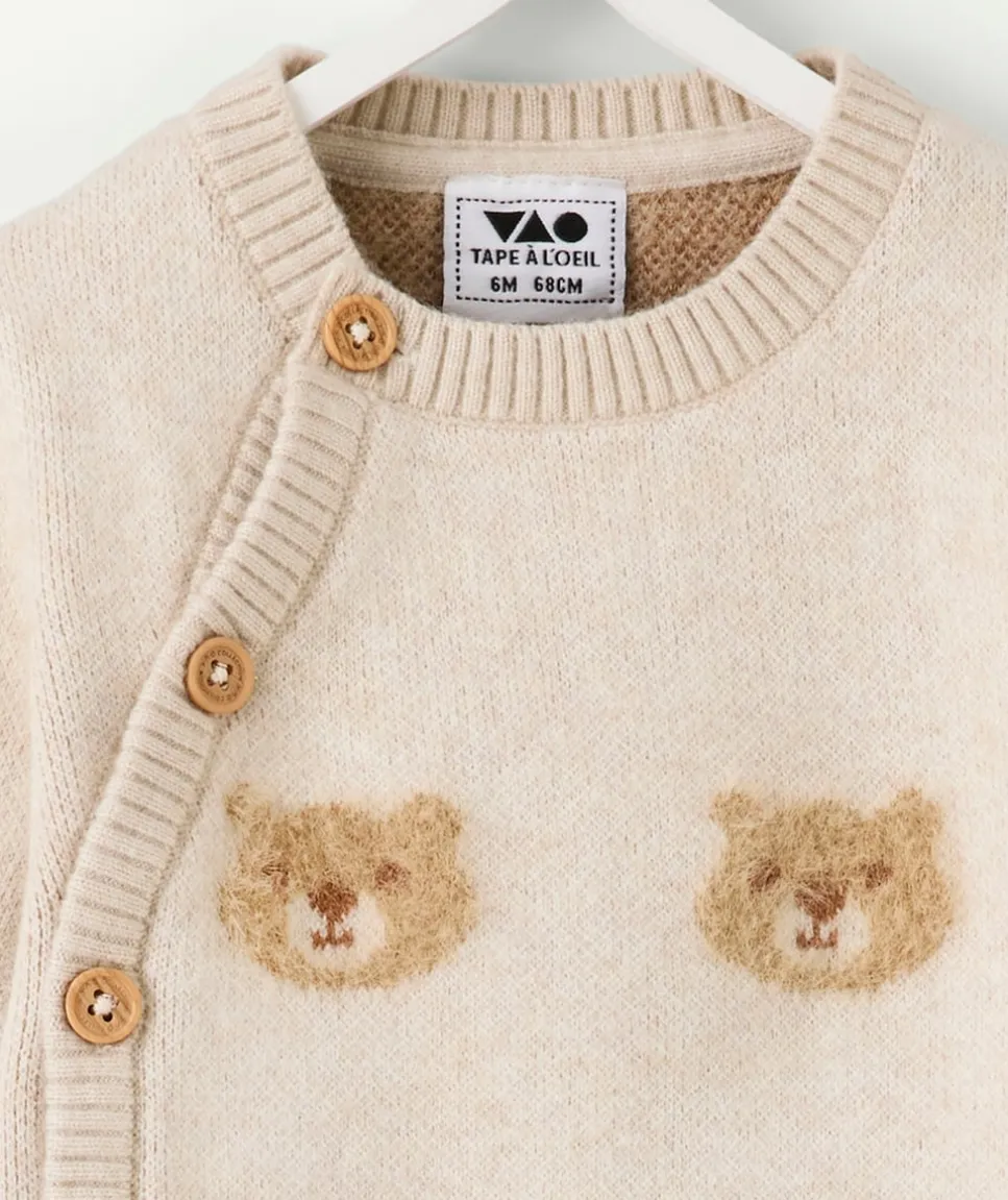 Pull naissance garçon écru motif oursons