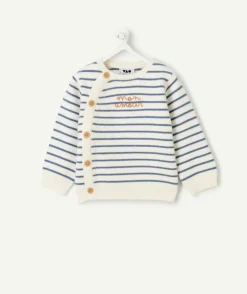 Pull naissance garçon rayé bleu et blanc avec boutons