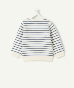Pull naissance garçon rayé bleu et blanc avec boutons