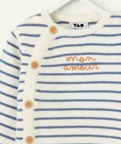 Pull naissance garçon rayé bleu et blanc avec boutons