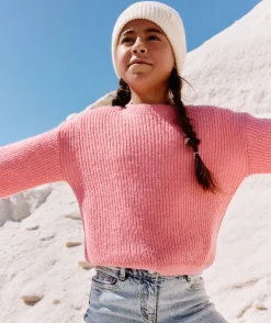 Pull rose fille en tricot rose à manches longues