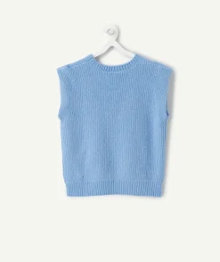 Pull sans manches fille bleu en maille