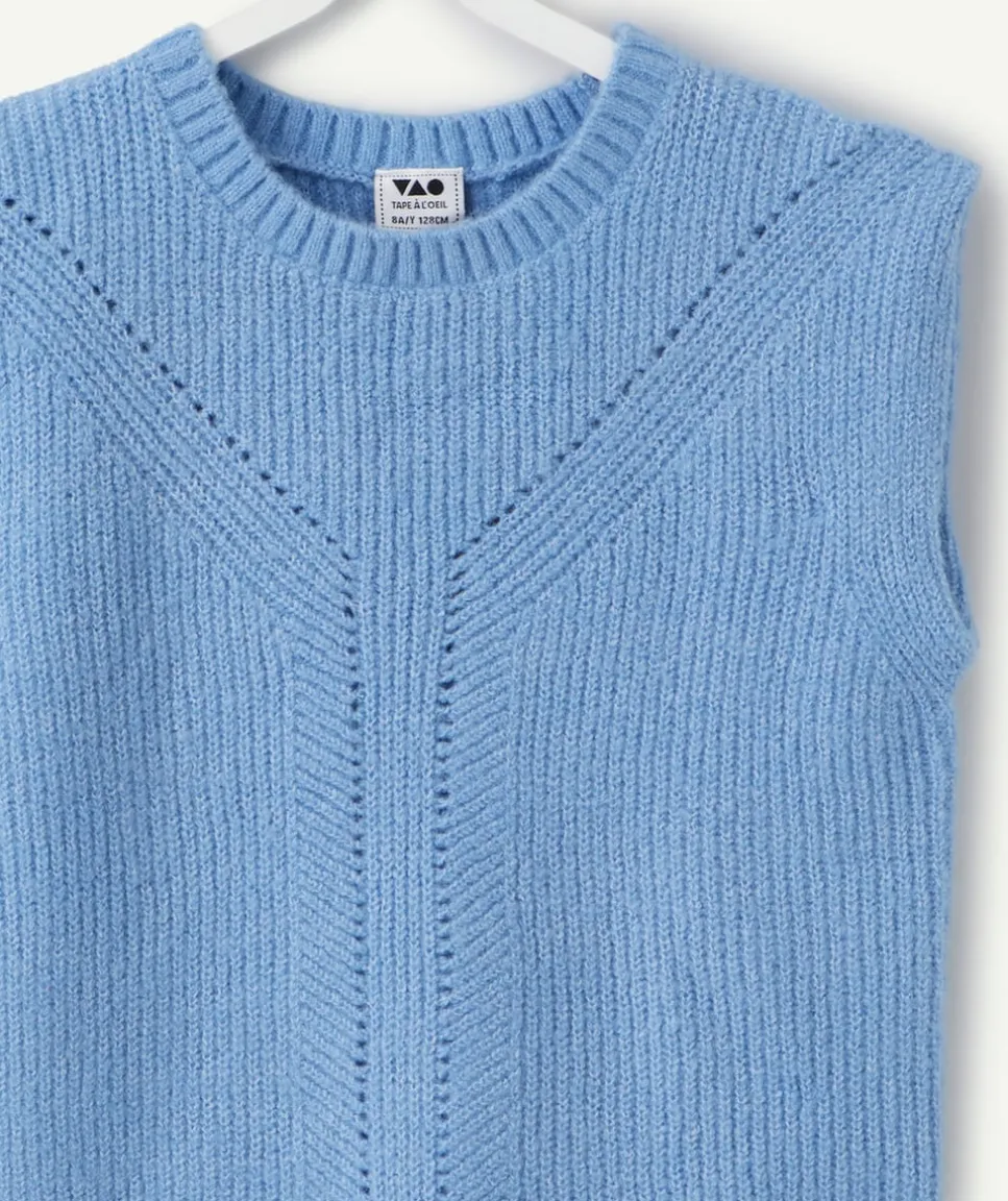 Pull sans manches fille bleu en maille