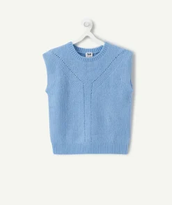 Pull sans manches fille bleu en maille