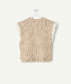 Pull sans manches fille maille beige volant