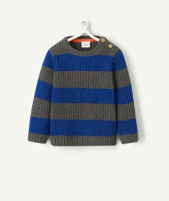 Pull tricot bébé garçon en fibres recyclées rayé gris et bleu