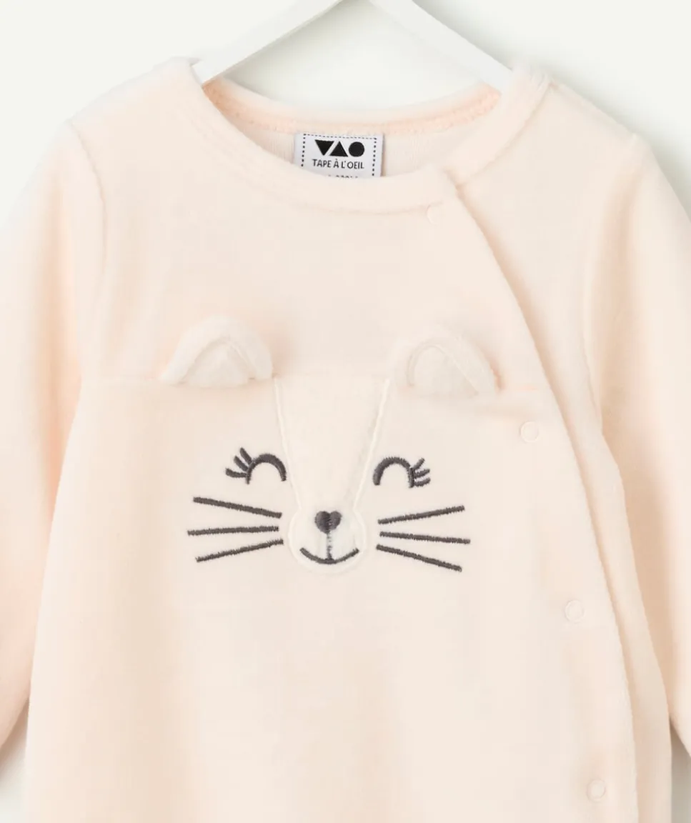 Pyjama chaud effet velours bébé fille beige motif chat