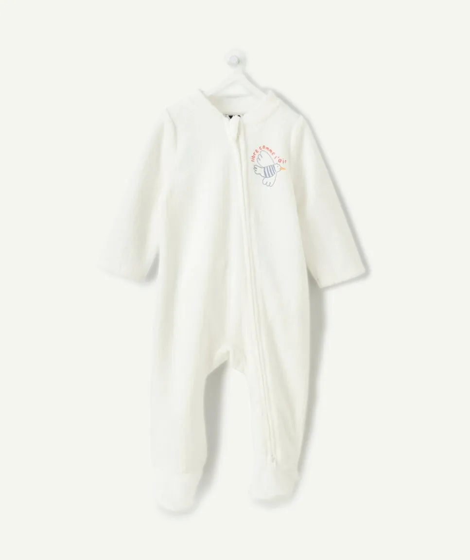 Pyjama chaud effet velours bébé garçon blanc motif oiseau
