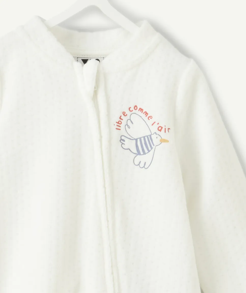 Pyjama chaud effet velours bébé garçon blanc motif oiseau