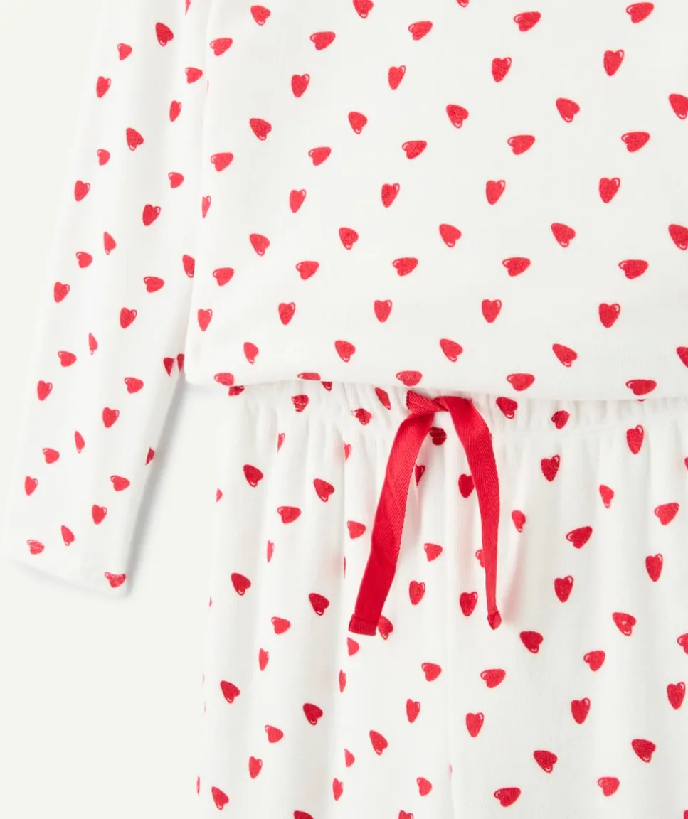 Pyjama chaud effet velours fille écru imprimé cœurs