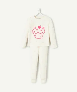 Pyjama chaud effet velours fille blanc à pois rose cupcake