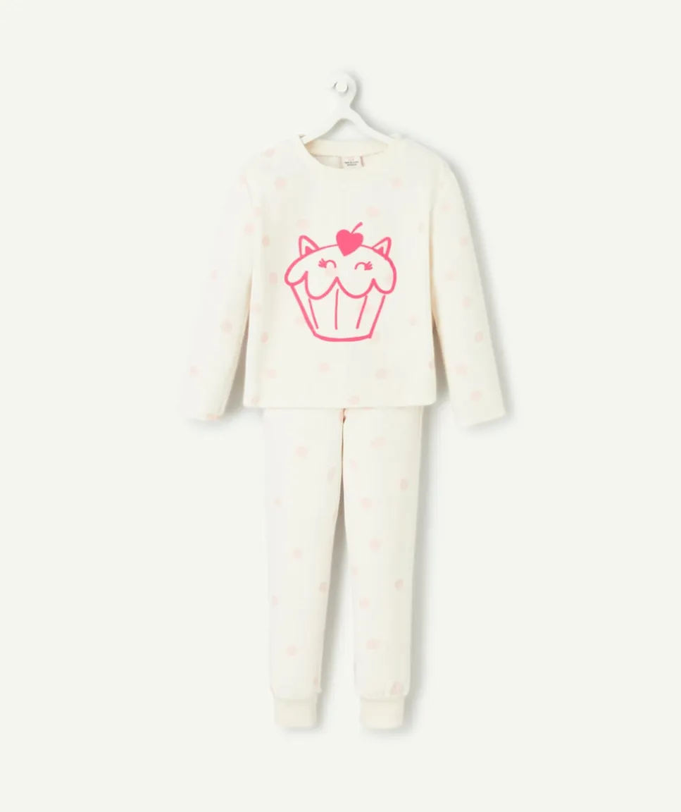 Pyjama chaud effet velours fille blanc à pois rose cupcake