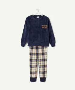 Pyjama chaud effet velours garçon marine à carreaux