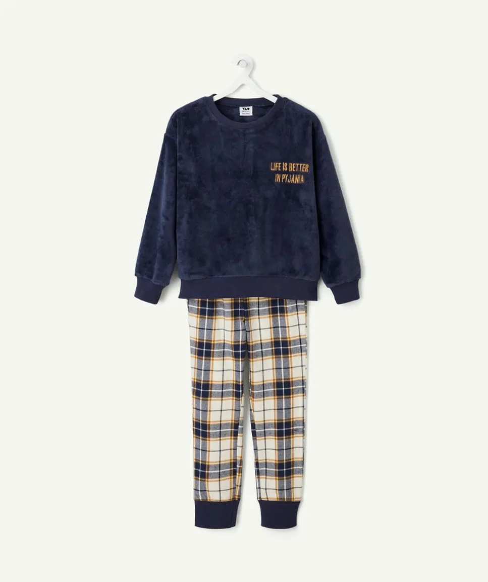 Pyjama chaud effet velours garçon marine à carreaux