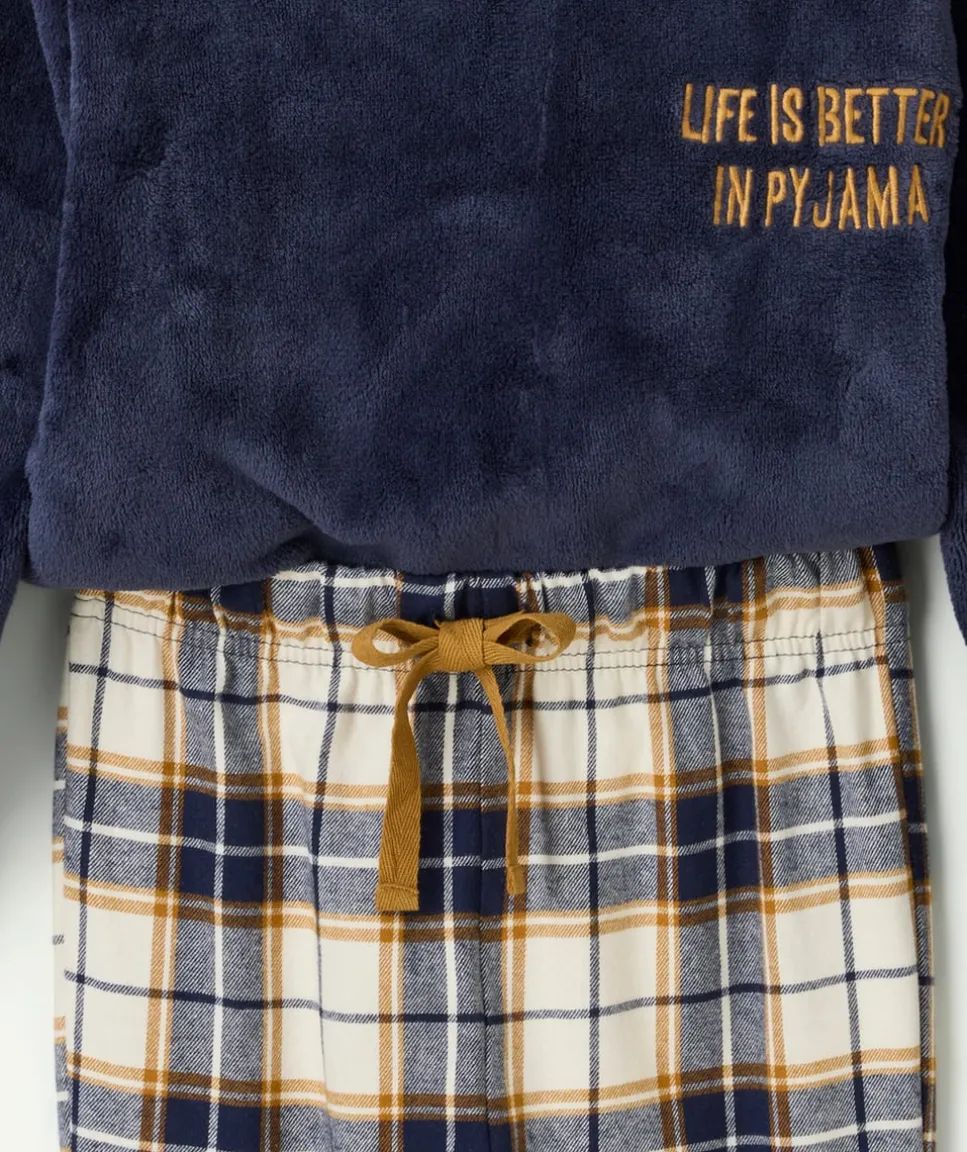 Pyjama chaud effet velours garçon marine à carreaux