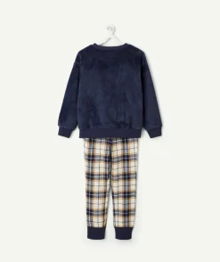 Pyjama chaud effet velours garçon marine à carreaux