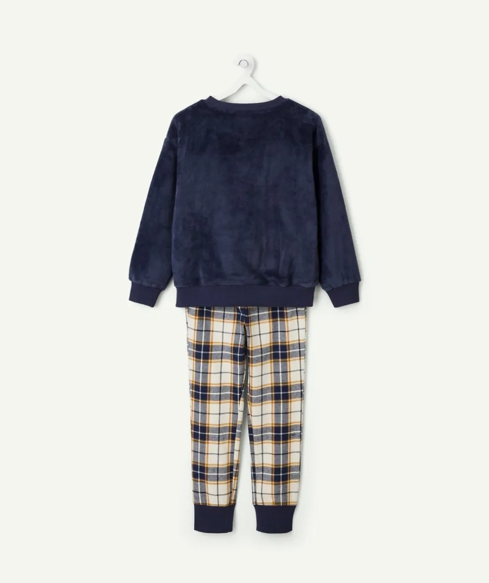 Pyjama chaud effet velours garçon marine à carreaux