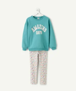 Pyjama chaud long fille bleu message fleuri