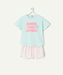 Pyjama deux pièces fille coton imprimé bleu et rose