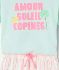 Pyjama deux pièces fille coton imprimé bleu et rose