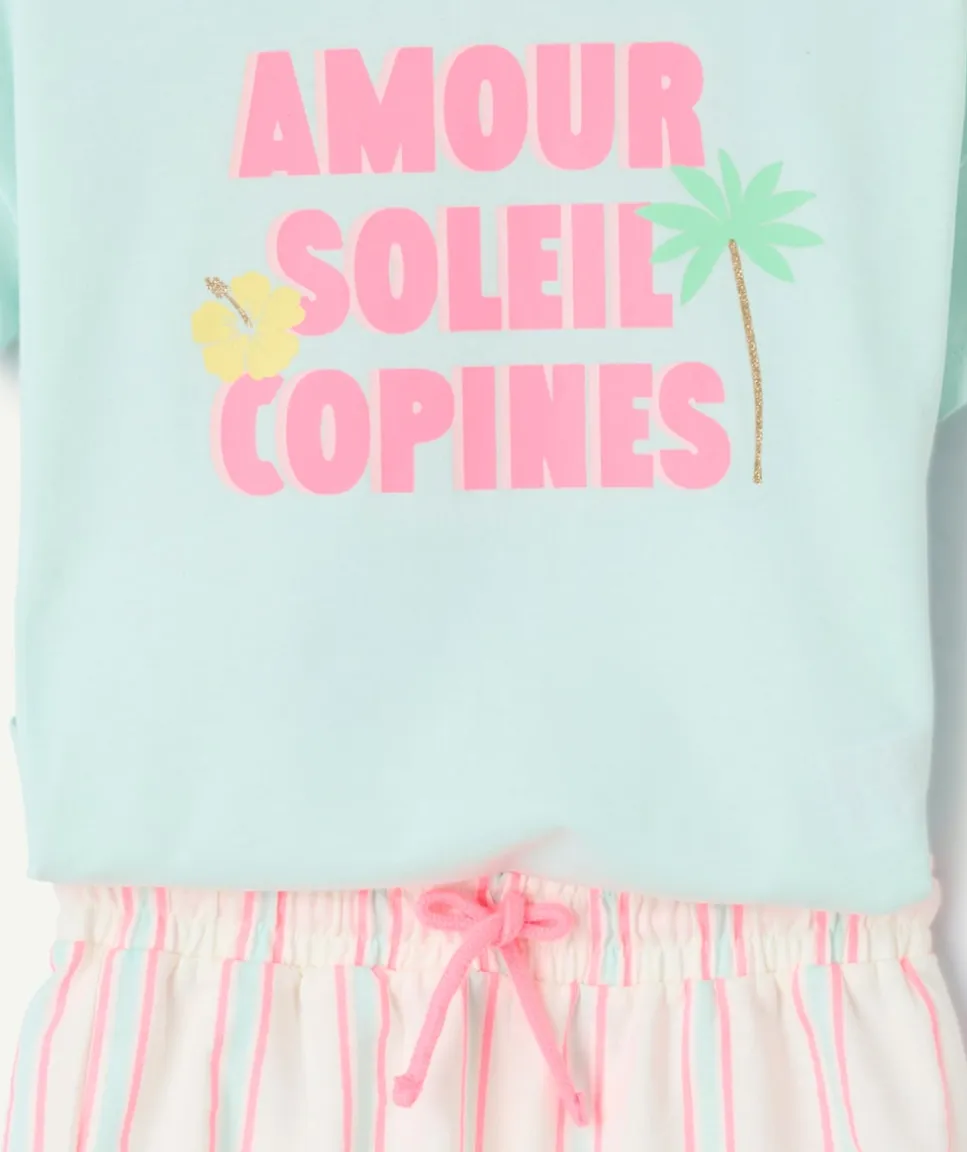 Pyjama deux pièces fille coton imprimé bleu et rose