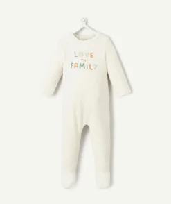 Pyjama effet velours bébé garçon en coton bio écru avec message famille