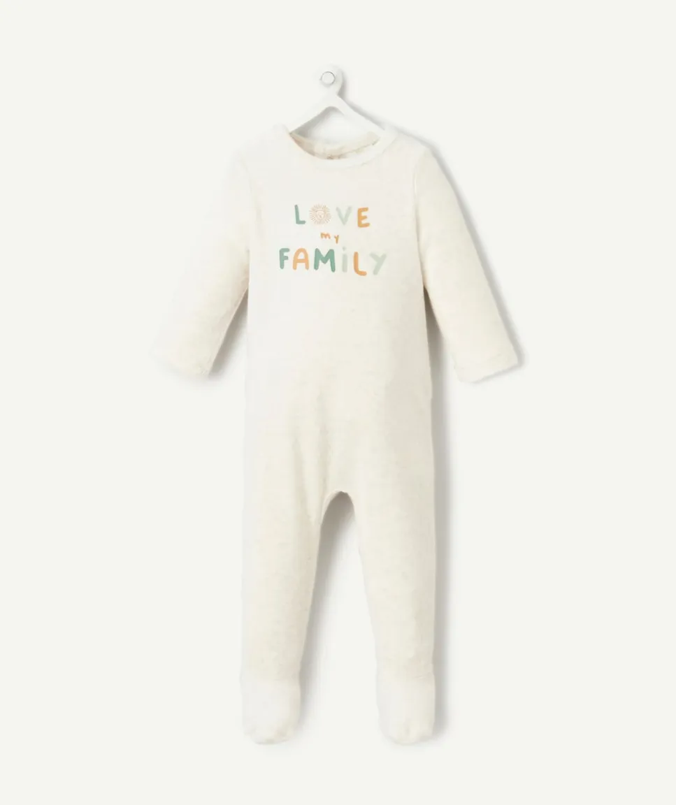 Pyjama effet velours bébé garçon en coton bio écru avec message famille
