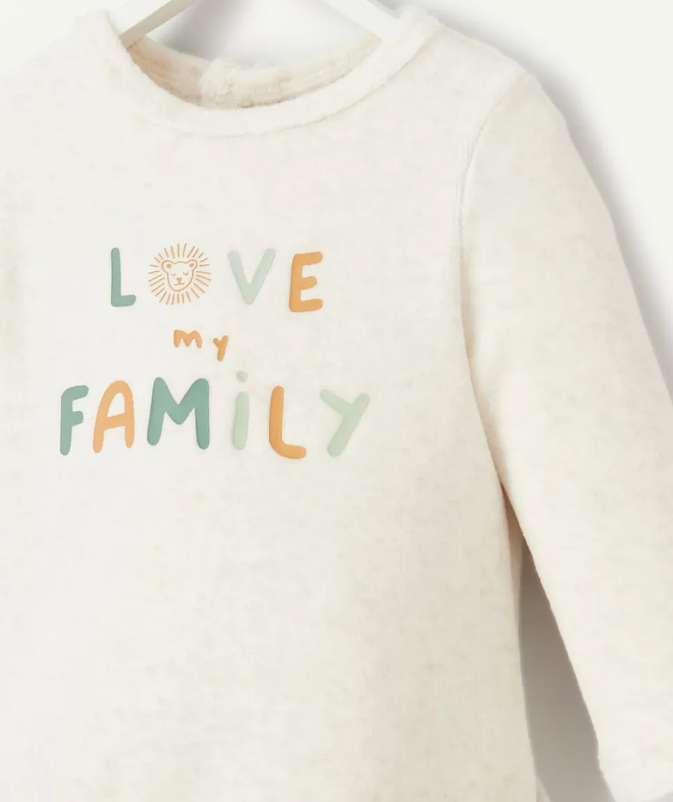 Pyjama effet velours bébé garçon en coton bio écru avec message famille