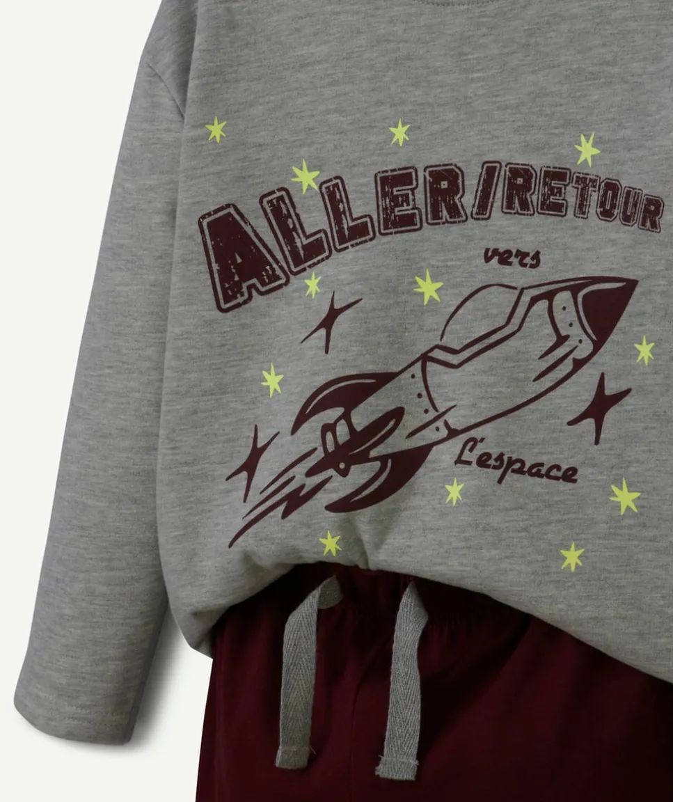 Pyjama garçon coton bio gris et bordeaux thème espace