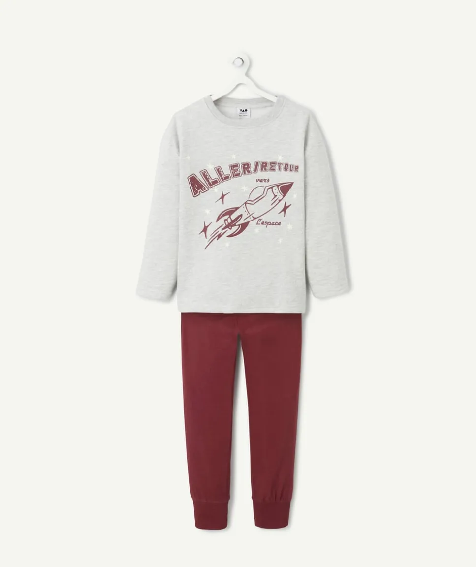 Pyjama garçon coton bio gris et bordeaux thème espace