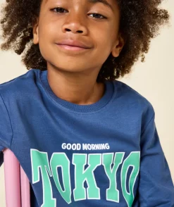 Pyjama garçon en coton bio gris et bleu avec message tokyo vert