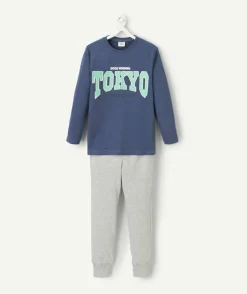 Pyjama garçon en coton bio gris et bleu avec message tokyo vert