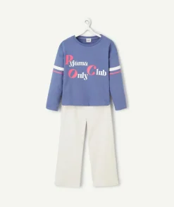 Pyjama manches longues fille en coton bio bleu et écru avec message