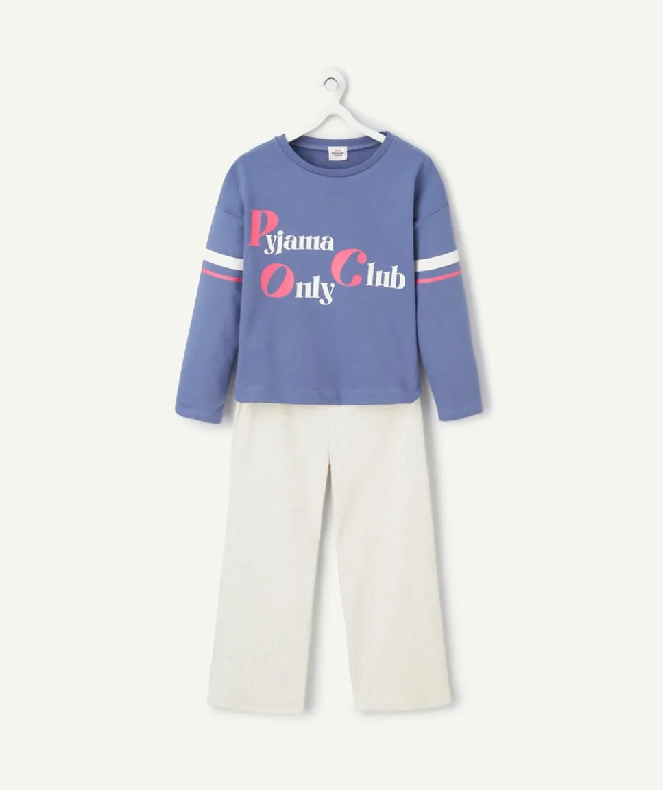 Pyjama manches longues fille en coton bio bleu et écru avec message