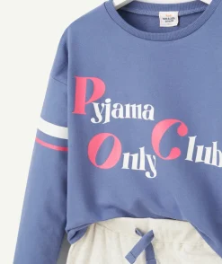 Pyjama manches longues fille en coton bio bleu et écru avec message