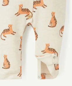 Pyjama sans pieds en coton bio beige avec imprimé tigre