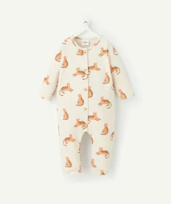 Pyjama sans pieds en coton bio beige avec imprimé tigre